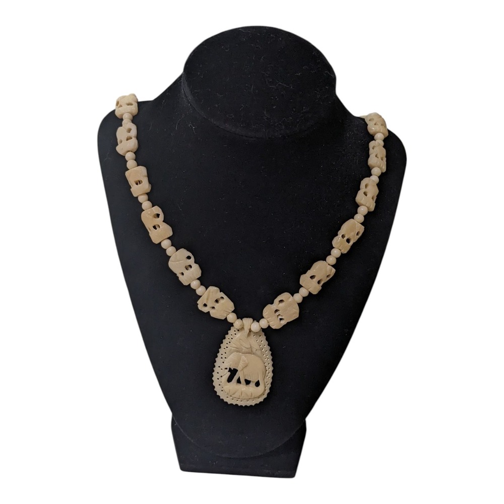 Elephant Necklace Carved Celluloid Pendant Animal Jewelry Boho‎ Women's